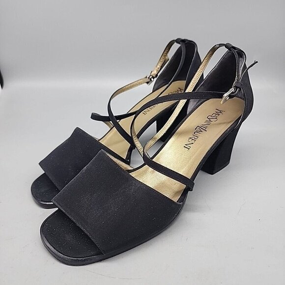 yves saint laurent Leather women's 9.5 black block heel strappy shoe open toe - Picture 1 of 8